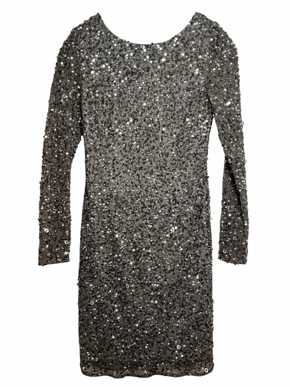 Adrianna Papell Gunmetal Beaded Cocktail Dress Open Back Long Sleeve Size 4 - Picture 3 of 5